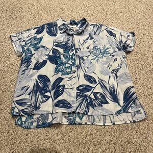 C&C California Linen Button Down Short Sleeve Shirt Sz L Floral Leaf Coastal